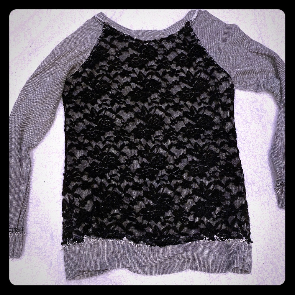 Vocal Long Sleeve Sweater Size M Gray w/ Blk Lace